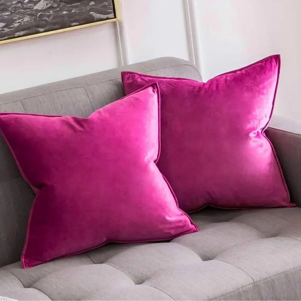 2 HOT PINK VELVET Euro Accent Pillow Covers Luxury High End Designer Cozy Soft